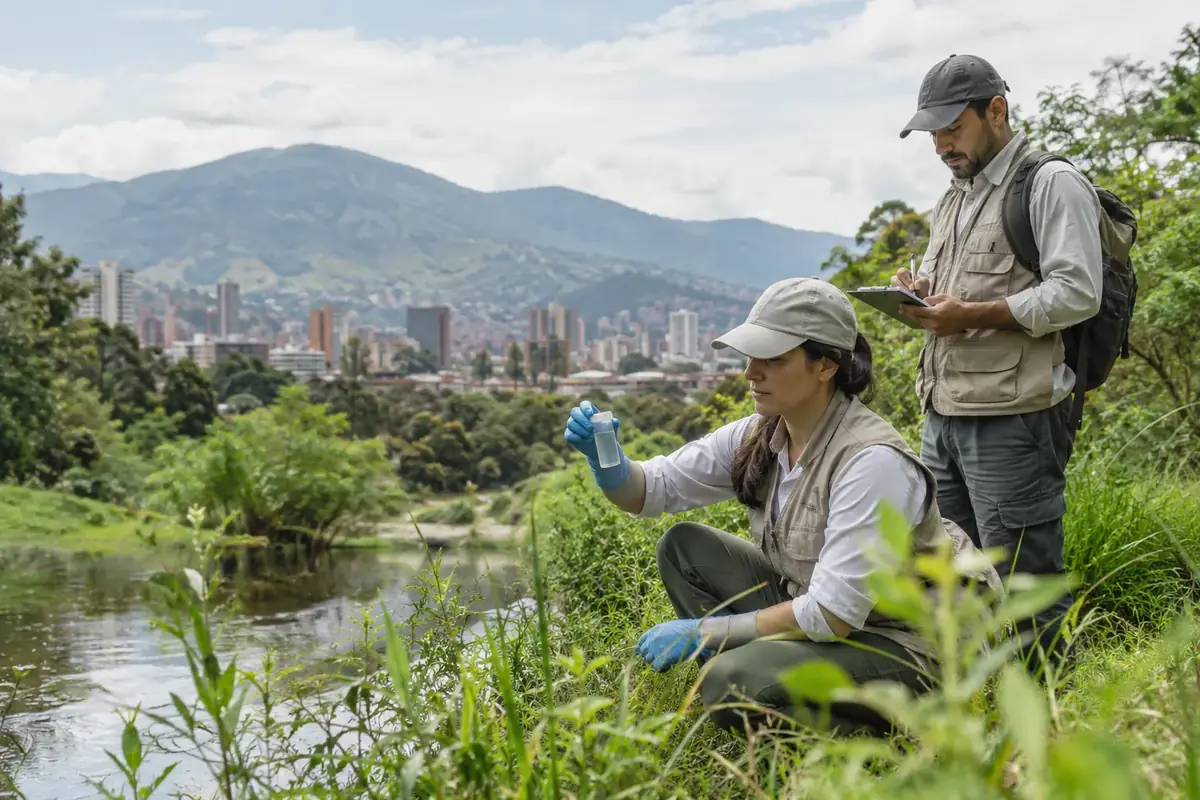 Profesionales realizando seguimiento ambiental de campo junto a una zona verde