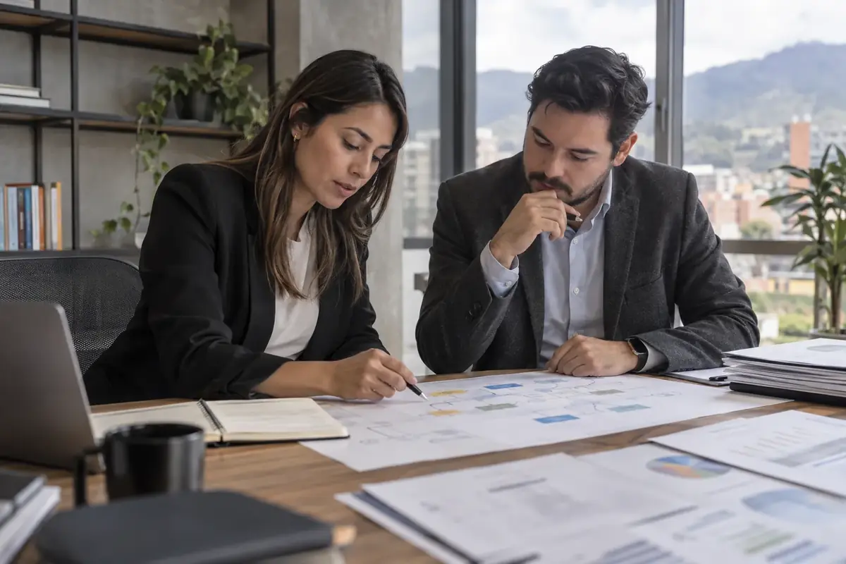 Dos profesionales revisando conjuntamente un mapa de procesos y documentos de calidad.