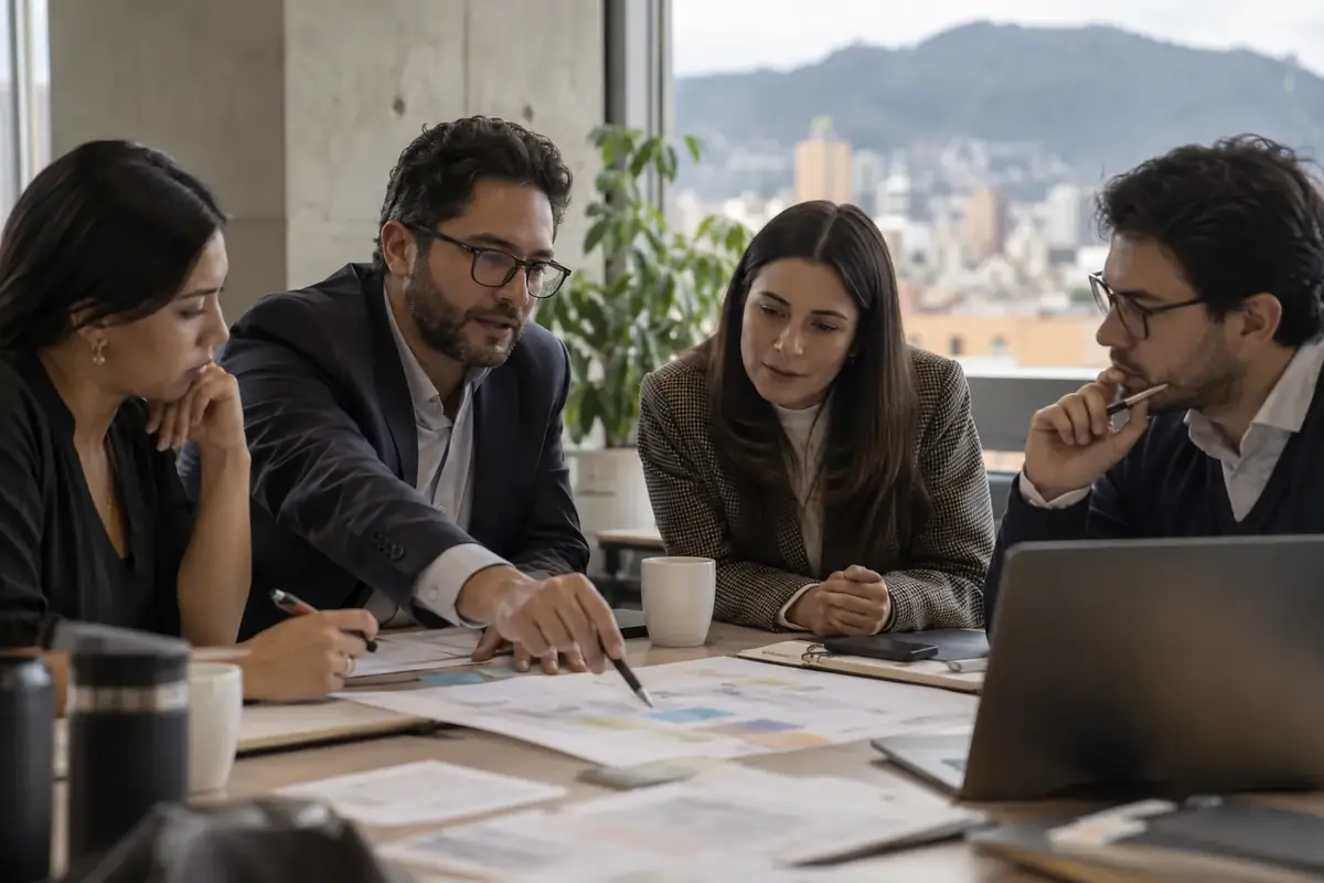 Equipo profesional revisando documentos de planeación institucional en una reunión de trabajo.