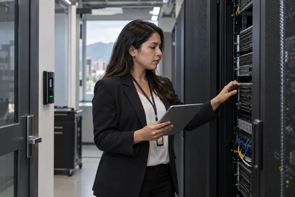 Profesional revisando equipos y controles en una sala de servidores