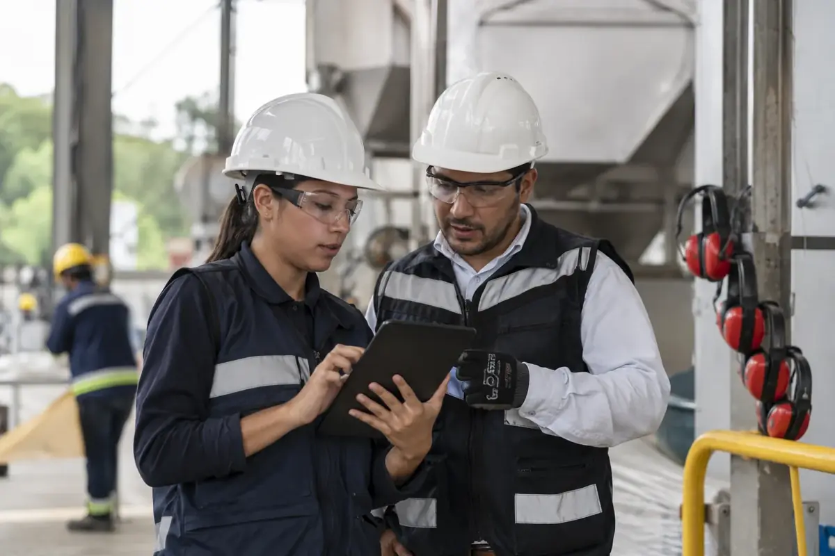Dos profesionales con casco y protección personal verificando condiciones de trabajo