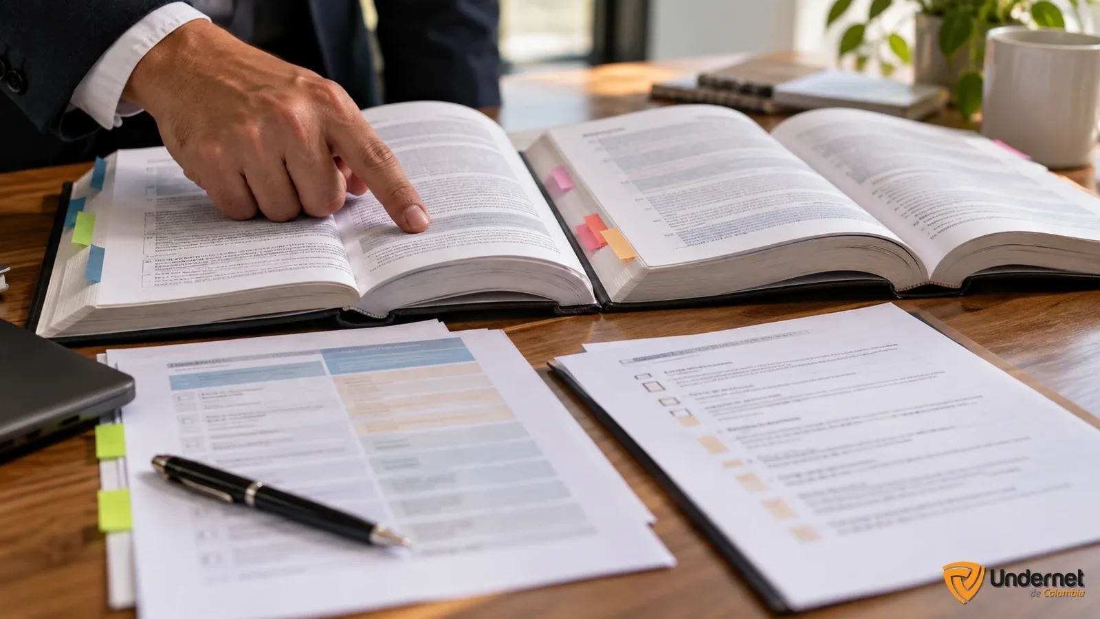 Mano compara dos ediciones de un manual y una lista de brechas de ISO 37001.