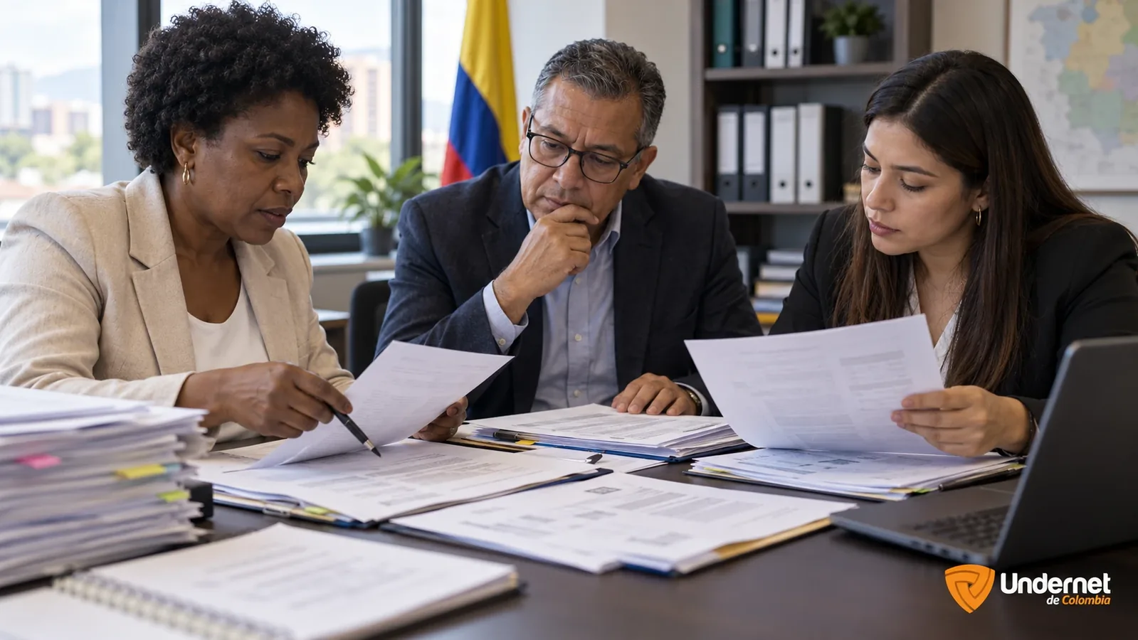 Equipo de una entidad pública revisa contratos y soportes de pago sobre una mesa para identificar riesgos fiscales