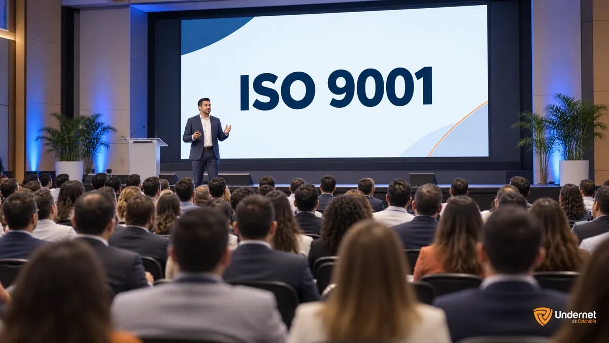 Conferencista explicando ISO 9001 ante un auditorio, con el logo de Undernet