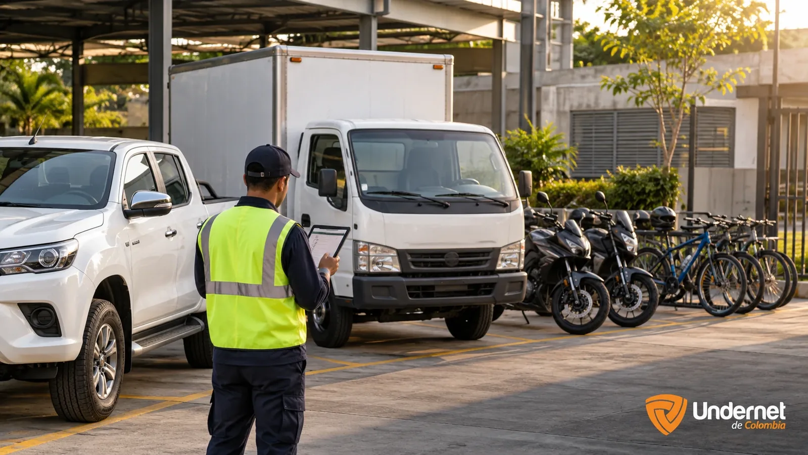 Patio de una empresa con camioneta, furgón, motocicletas y bicicletas mientras una persona revisa una lista