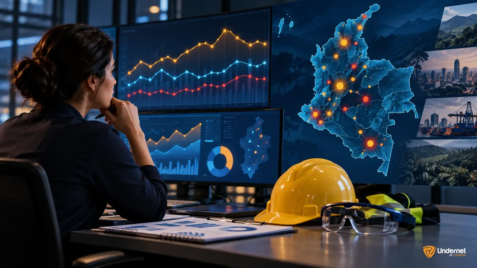 Analista estudia tendencias de siniestralidad laboral sobre un mapa de Colombia