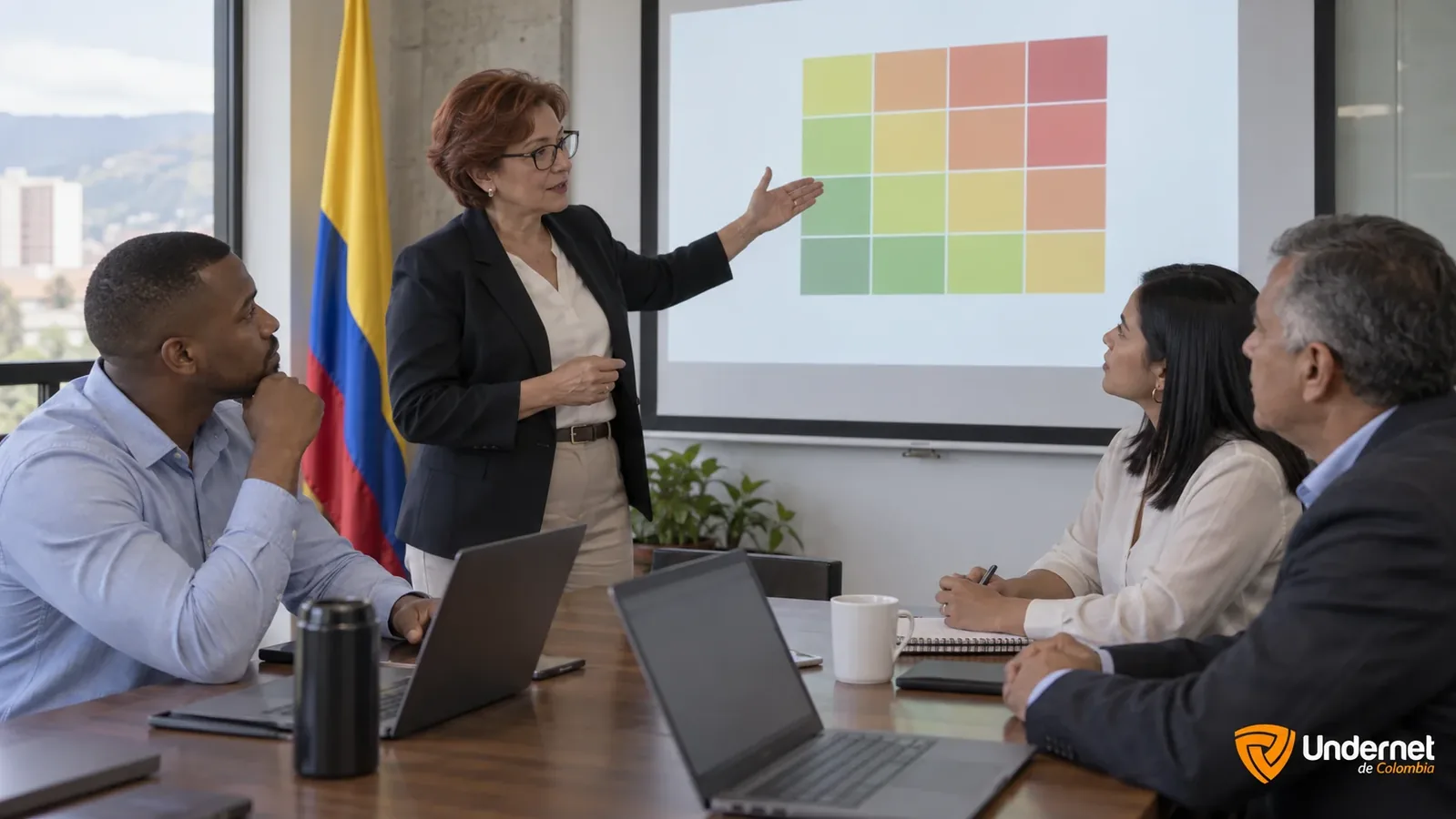 Equipo de una entidad pública revisando un mapa de calor de riesgos proyectado en una sala de reuniones