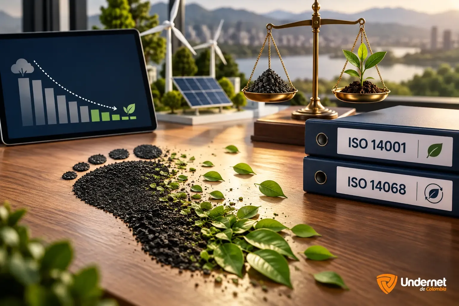 Huella de carbono que se transforma en hojas verdes junto a referencias de ISO 14001 e ISO 14068
