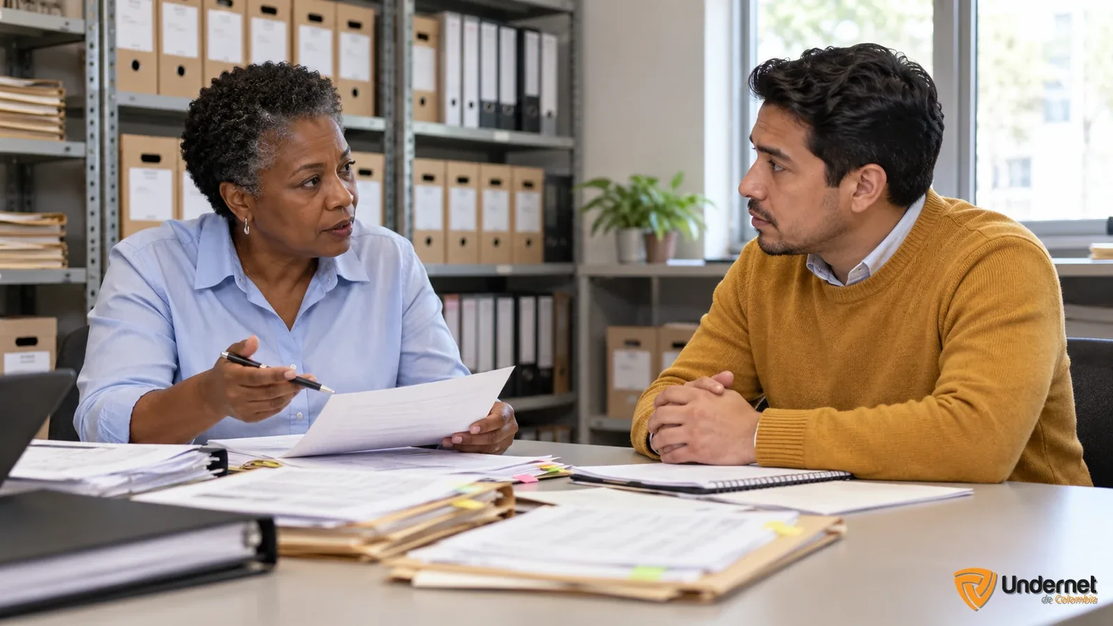 Auditora interna entrevista a responsable de compras y revisa expedientes basados en riesgo.