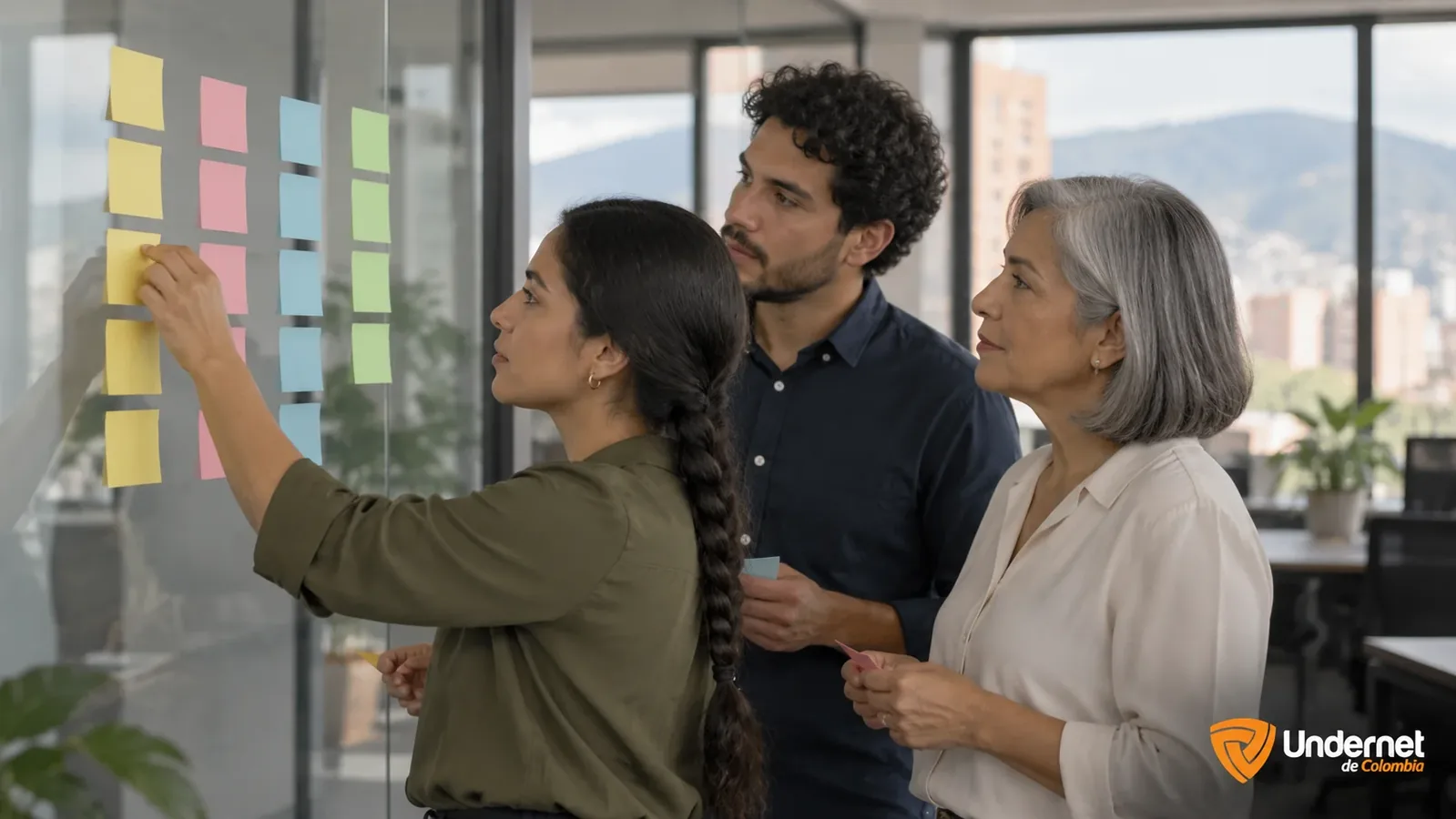 Equipo de trabajo clasificando tarjetas en cuatro columnas sobre una pared de vidrio en una oficina