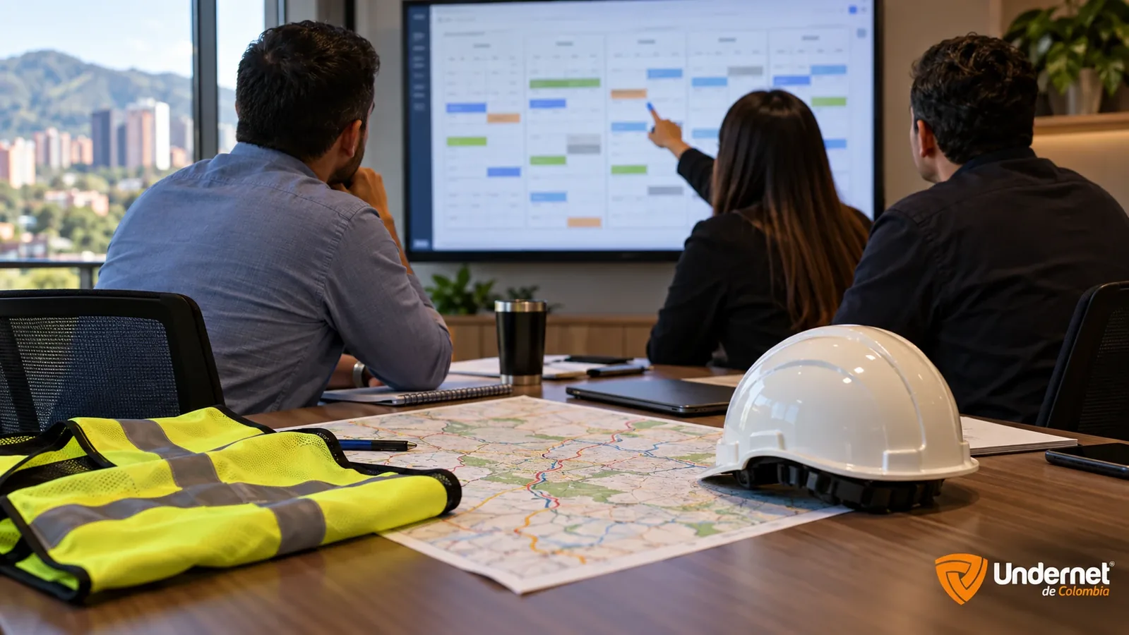 Mesa de reunión con mapa de rutas, chaleco reflectivo y casco mientras tres personas revisan un calendario