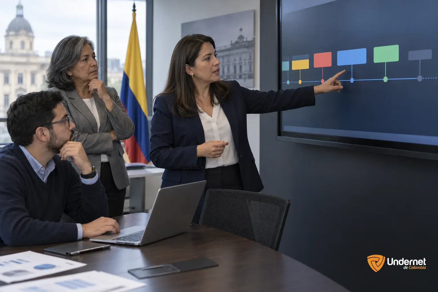 Equipo de una entidad pública revisa en una pantalla la cronología de un evento de seguridad en una sala de reuniones