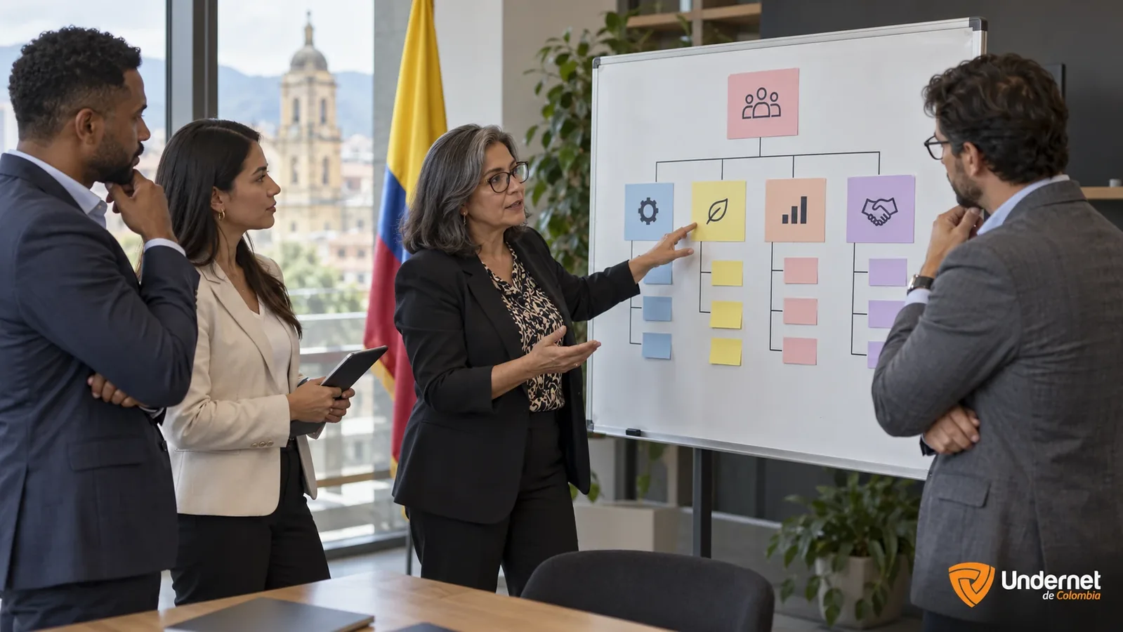 Equipo directivo de una entidad pública revisa en una pizarra la asignación de responsabilidades de control por área
