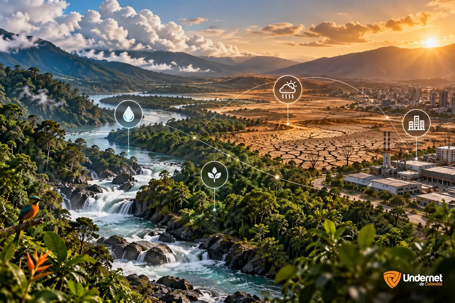 Paisaje colombiano con agua, biodiversidad, sequía, clima e industria interconectados