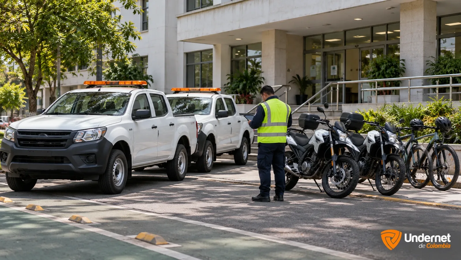 Camionetas, motocicletas y bicicletas de una entidad municipal estacionadas en fila frente a su sede administrativa