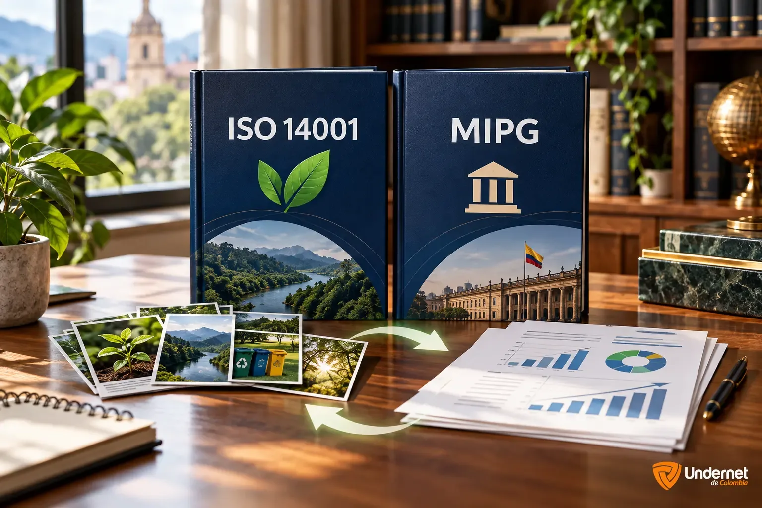 Libros de ISO 14001 y MIPG conectados por evidencias ambientales y resultados institucionales