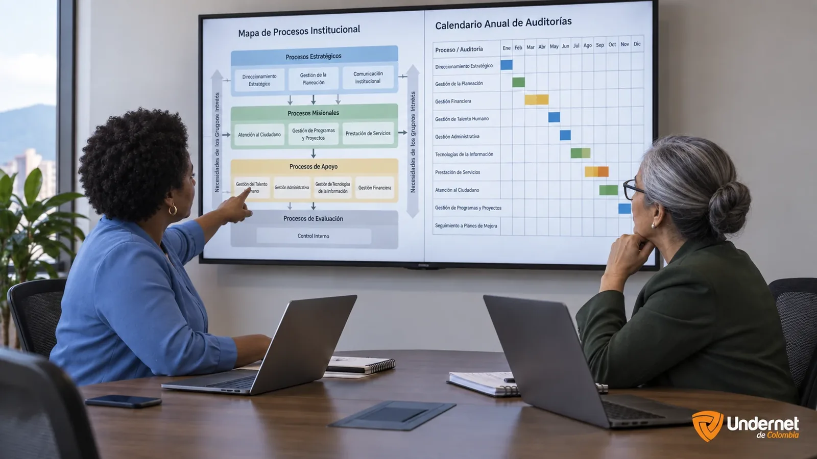Equipo de planeación y control interno de una entidad revisa en pantalla un mapa de procesos y un calendario de auditorías