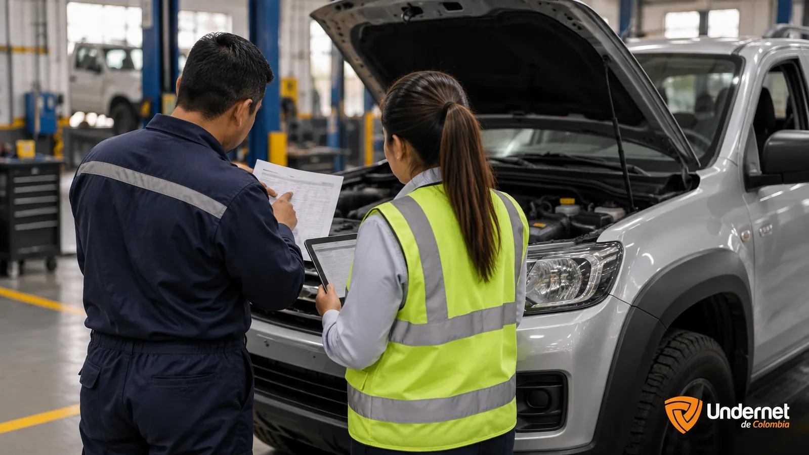 Auditora revisa el registro de mantenimiento de una camioneta junto a un trabajador en el taller de una empresa