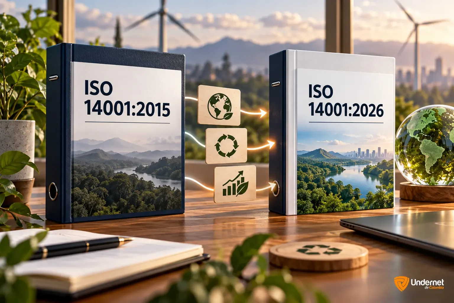 Comparación visual entre ISO 14001:2015 e ISO 14001:2026 con cambios ambientales principales