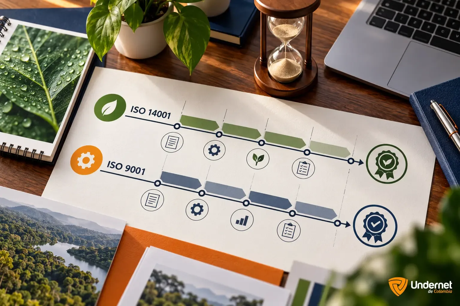 Líneas de transición coordinadas para ISO 14001 e ISO 9001 con hitos de certificación