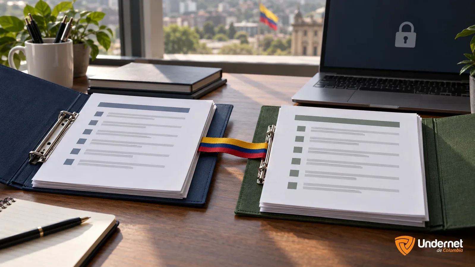Dos carpetas unidas por una cinta sobre un escritorio de oficina pública, junto a un portátil con un candado