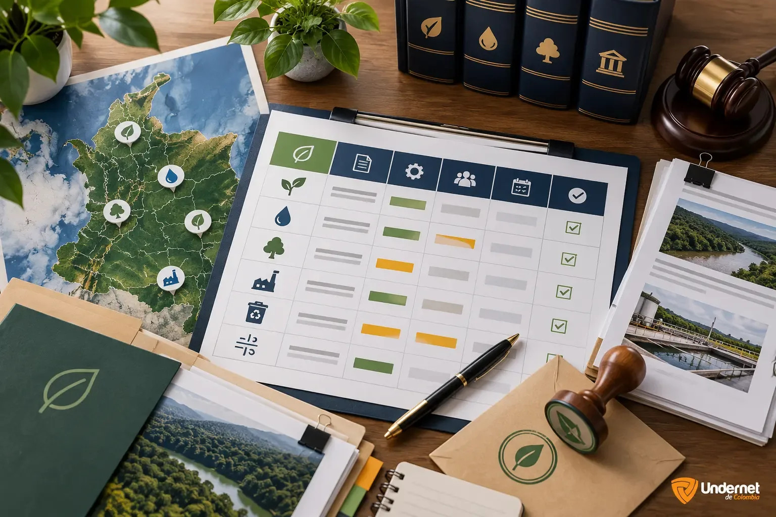 Matriz de requisitos legales ambientales con mapa de Colombia, evidencias y controles de cumplimiento
