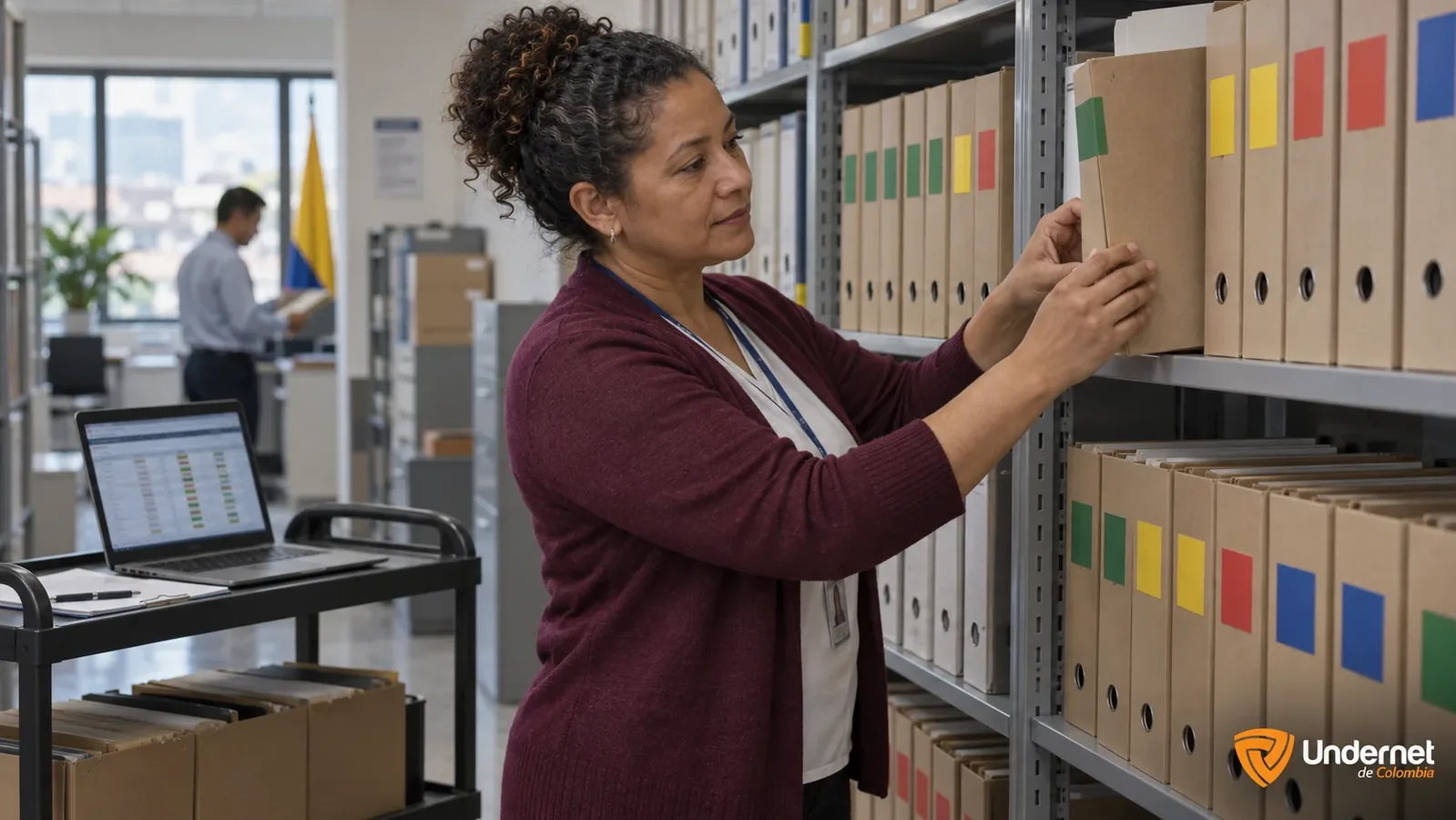 Archivista organizando carpetas con etiquetas de colores en los estantes de un archivo de una entidad pública