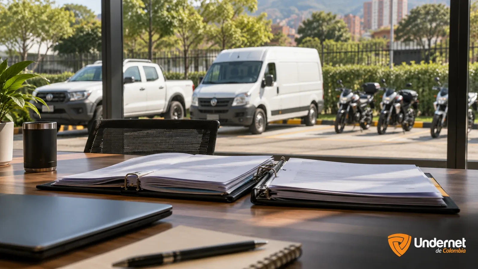 Dos carpetas de documentos sobre una mesa de reuniones, con vehículos de una flota estacionados al fondo