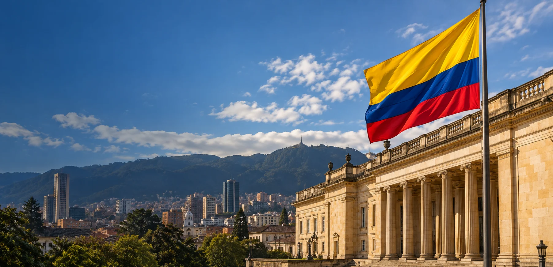 Bandera de Colombia frente al Capitolio Nacional, con los cerros de Bogotá al fondo.