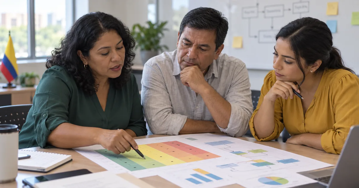 Equipo de trabajo revisando un mapa de riesgos en una sala de reuniones