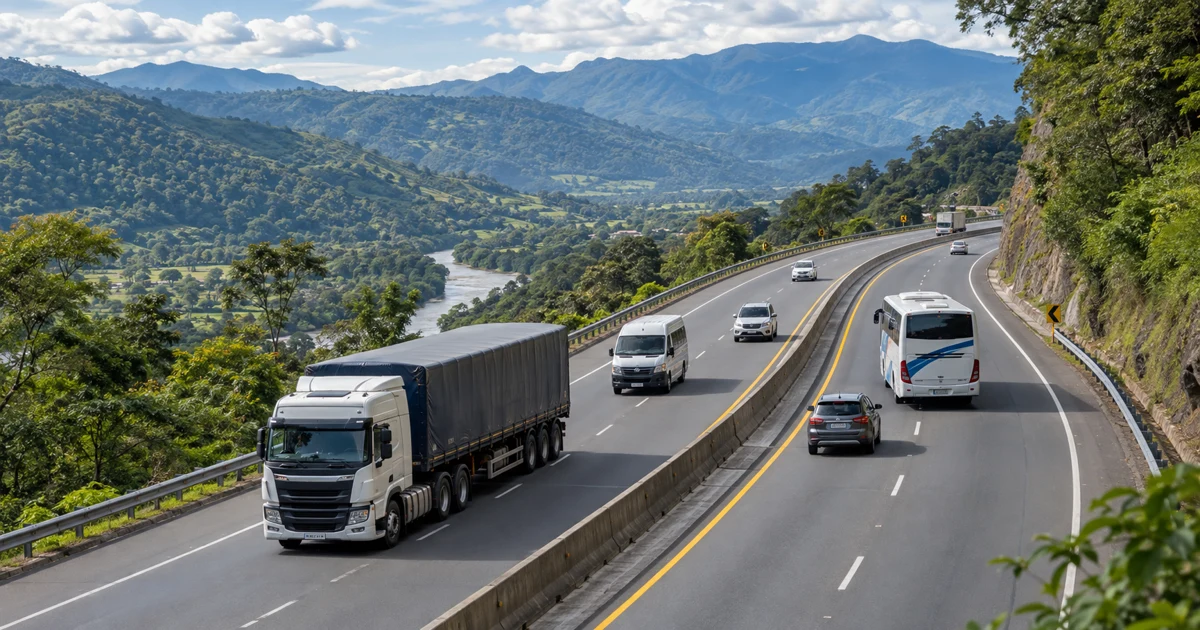 Camión, vans y buses en una carretera de montaña colombiana